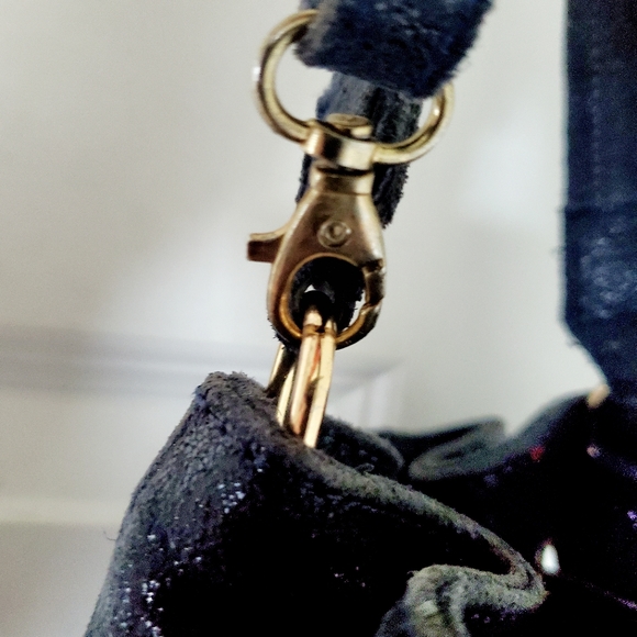 Borse in Pelle Italian Leather Blue Suede Shimmer Bucket Drawstring Bag - Picture 8 of 12